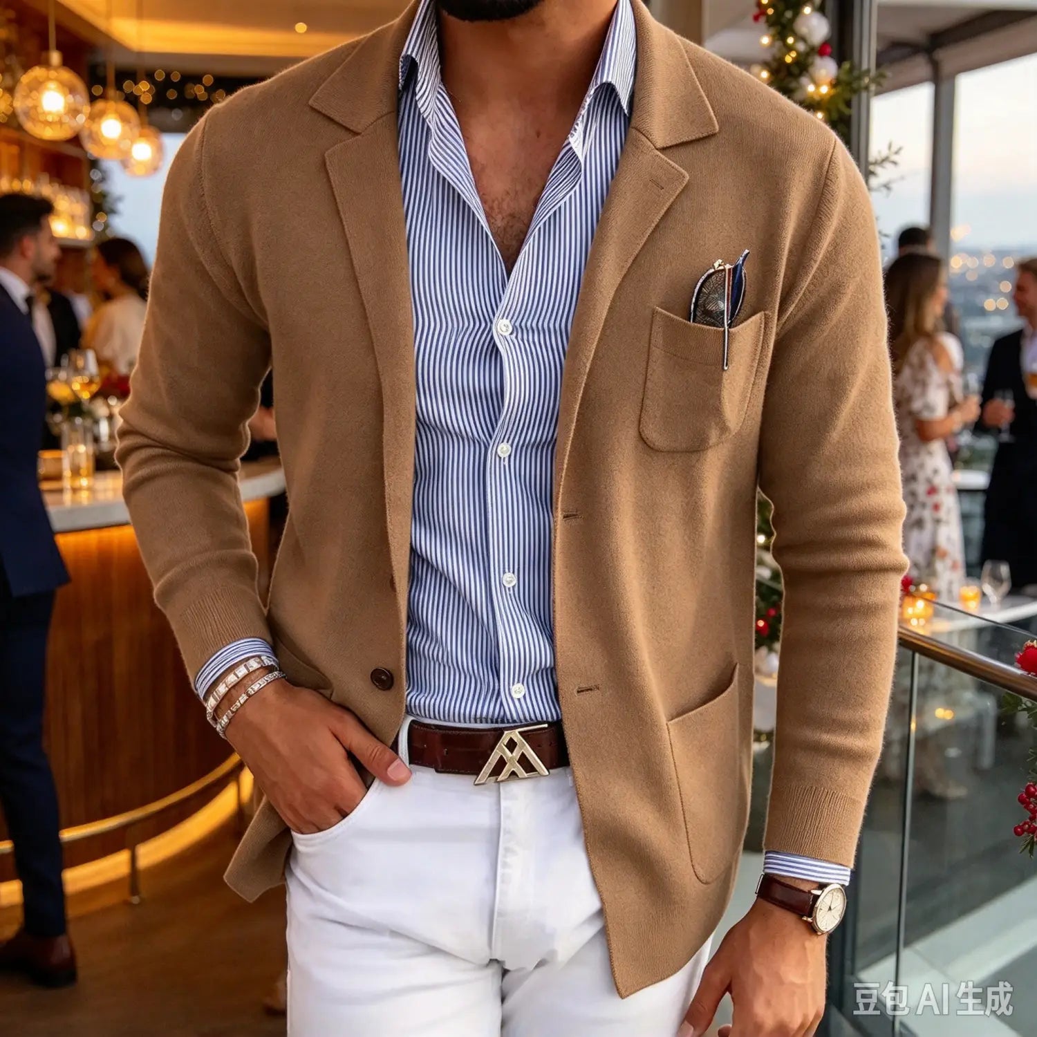 Chaqueta tipo blazer entallada para hombre en color caqui, de lana, con solapas tipo púa y diseño de una sola fila de botones, como chaqueta de traje, con un bolsillo que sostiene gafas de sol.