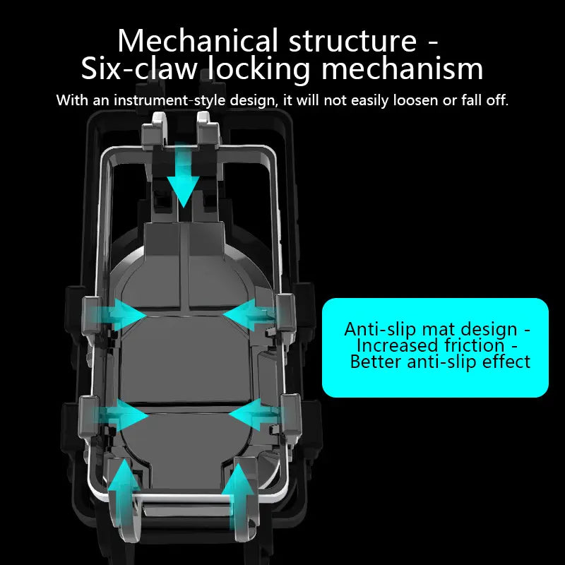 Schwarze mechanische Motorrad-Telefonhalterung mit Sechskralen-Verriegelungsmechanismus und Anti-Rutsch-Matten-Design, verstellbare 360-Grad-Halterung, von der Rückseite dargestellt.