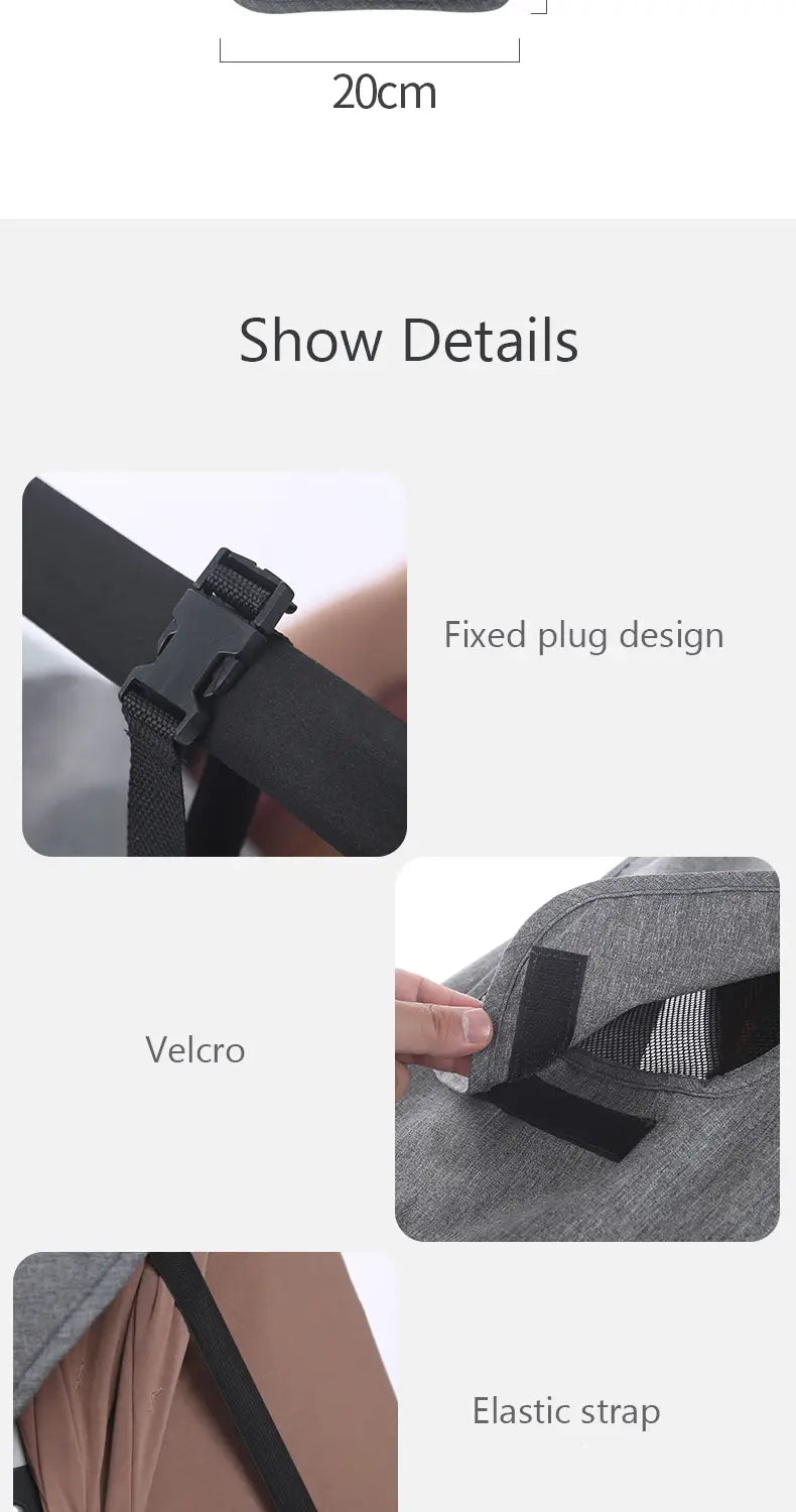 Grauer, strukturierter Stoff-Rucksack mit schwarzen verstellbaren Trägern und Klettverschlüssen, von der Rückseite dargestellt, in Kombination mit dem Produkt eines universellen Sonnensegels für Kinderwagen mit UV-Schutz.