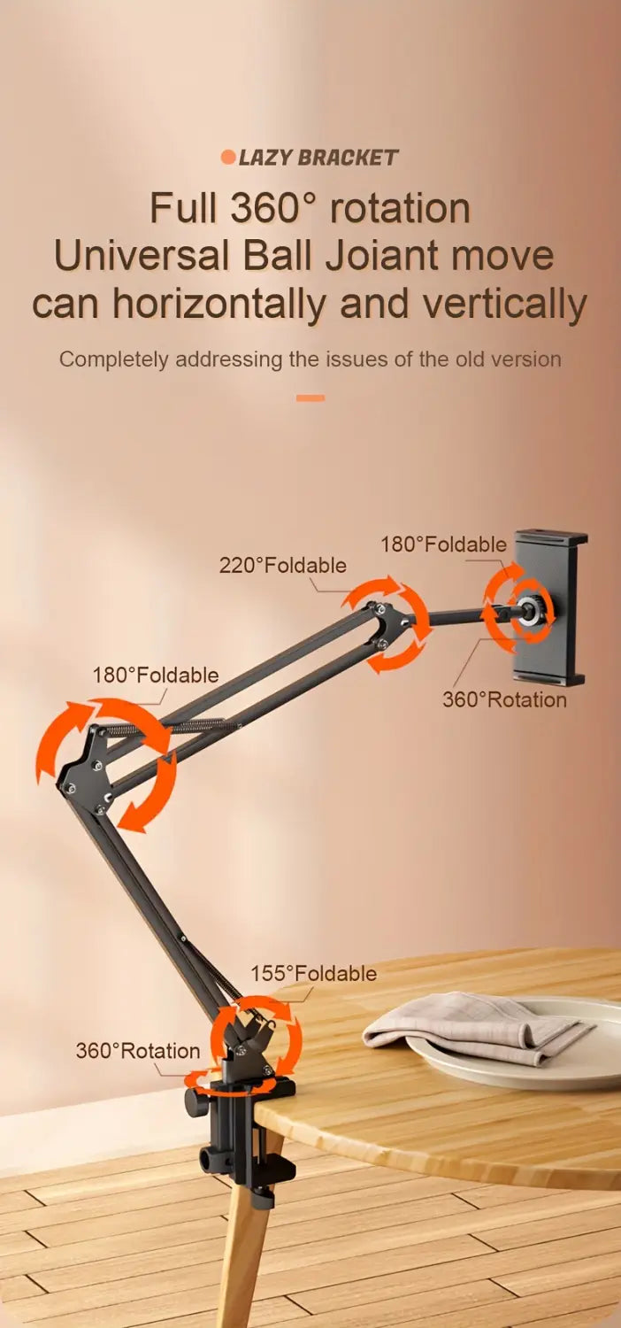 Black metal lazy bracket with full 360-degree rotation and universal ball joint design for adjustable tablet arm clamp for bed.
