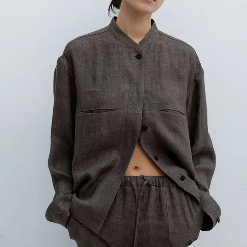 Chic 100% Linen Elegant Women Blouses Casual Loose Long Sleeve Button Up Shirts  Harajuku Oversized Shirt Camisas De Mujer