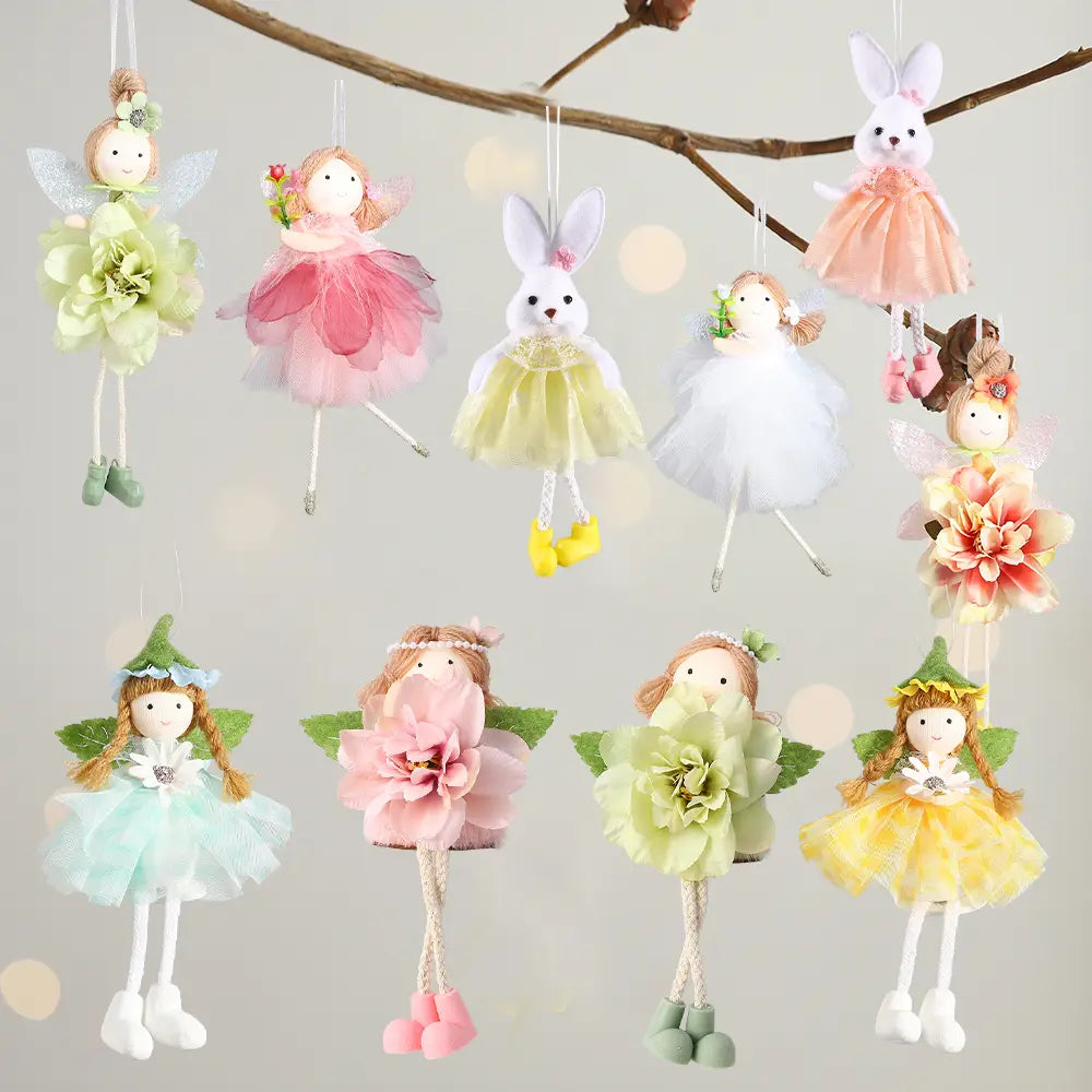 Oster-Feen- und Osterhasen-Anhängerset mit Pastellfarbenen Stofffiguren mit zarten Tüllröcken, floralen Akzenten und bestickten Gesichtern.