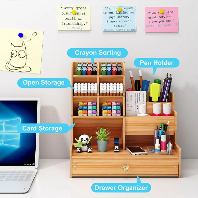 Wooden desk organizer with drawer featuring multiple compartments for crayons pens cards made of wood for efficient desk storage.