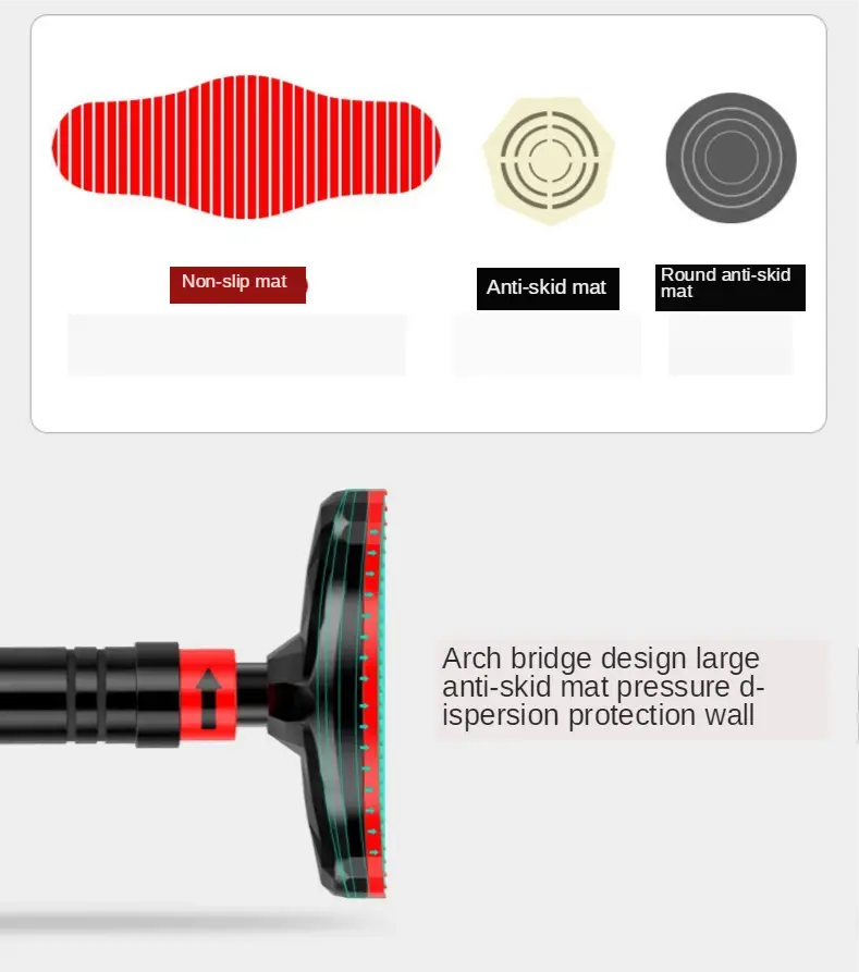 Barre de traction pour porte ajustable avec tapis antidérapant rouge et noir, doté d’une conception de pont en arc pour une protection contre la dispersion de la pression lors d’une utilisation de fitness à domicile.