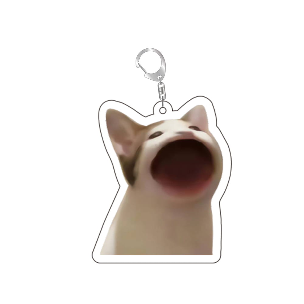 A translucent acrylic cat meme keychain featuring a realistic beige and dark brown cat with its mouth wide open.