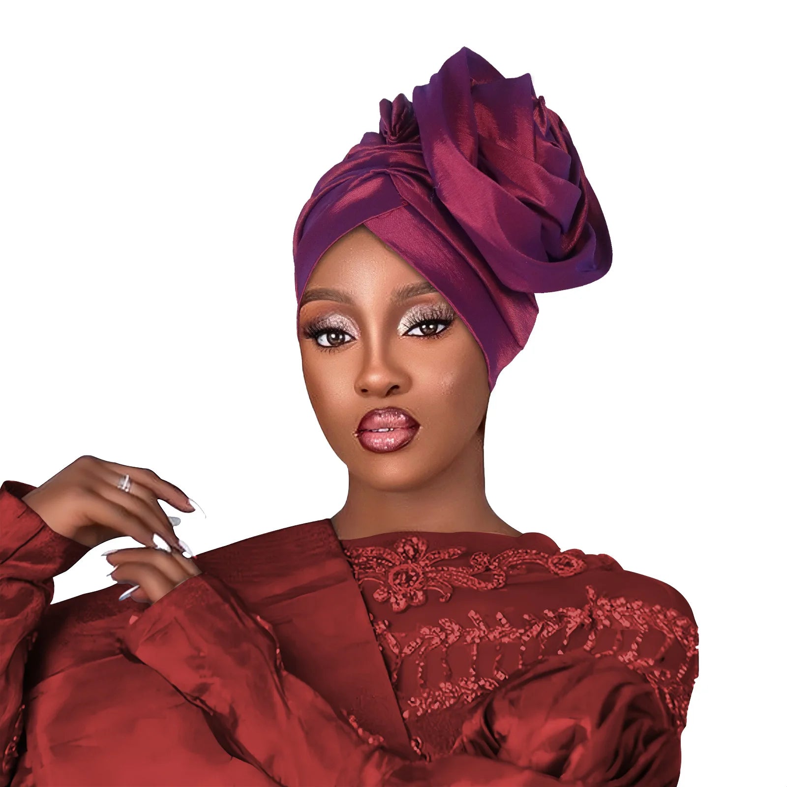 Elegant deep purple satin floral turban cap for women featuring a large sculpted floral design.
