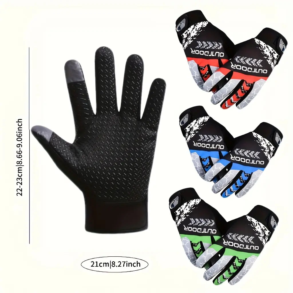 Schwarze Herren-Radfahrhandschuhe, die Touchscreen-kompatibel sind; mit atmungsaktivem Stoff, strukturierter Griffzone an den Fingern und am Handgelenk sowie einem eleganten Design; erhältlich in Varianten in Rot, Blau oder Grün für Outdoor-Sport mit Handgelenksausführung.