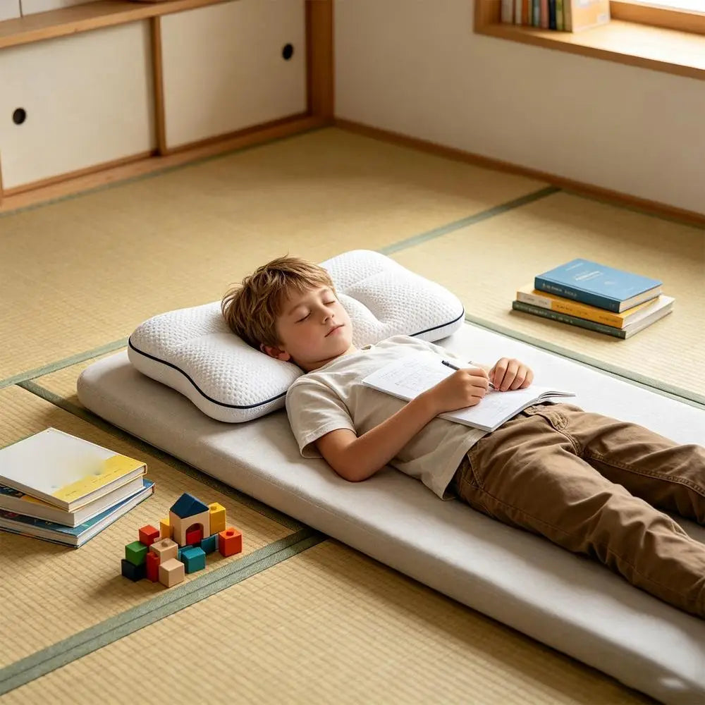 Ergonomisches Kinder-Kissen aus Memory-Schaum für den Nackenstützbereich mit einer weißen, strukturierten Oberfläche und schwarzer Einfassung für erhöhten Komfort und Nackenstütze.