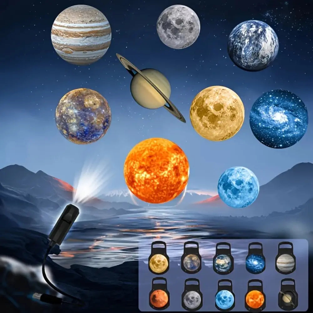Galaxy projector led night light solar-powered casts a vivid colorful display of planets and celestial bodies onto a scenic landscape.