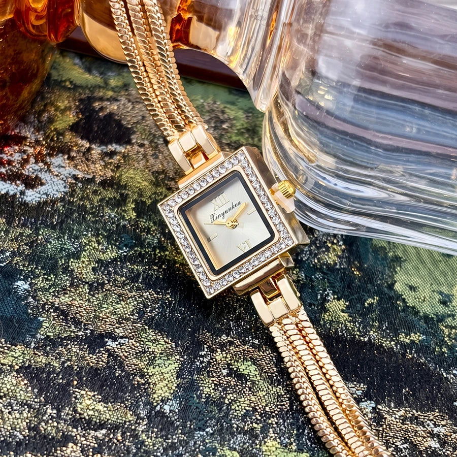 Gold Watch for Women: Square Bezel-Set Diamond Dial Fringe Strap Vintage Glamour Ladies Watch