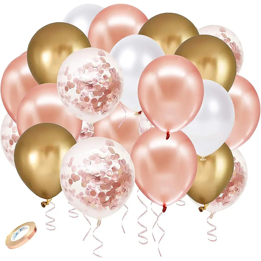 Ein Cluster aus metallischen Roségold-, Weiß- und klaren Konfettiballons mit pinkfarbenem Konfetti im Inneren zur Partyddeko.