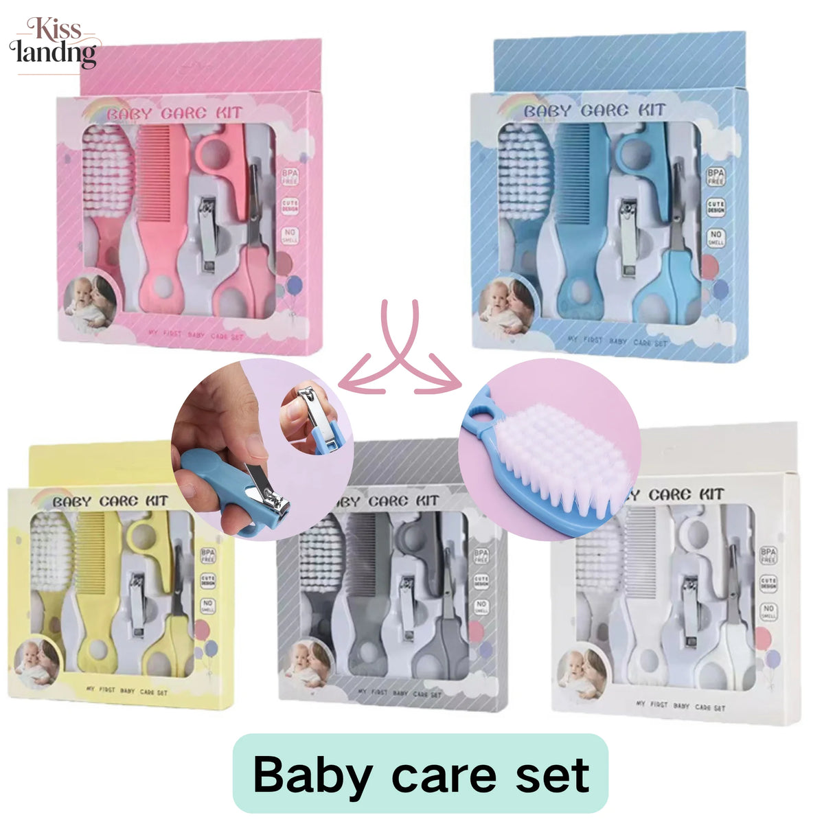 5 In 1 Baby Grooming Care Set, BPA Free Newborn Hair Brush Comb Nail Clipper Scissor File Kit, 5 Pastel Colors