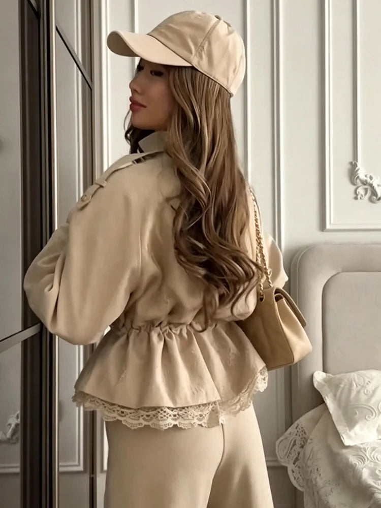 Women Lace Hem Cropped Trench Jacket Stand Collar Epaulet Button Closure Drawstring Waist Side Windbreaker Coat Ladies Outerwear