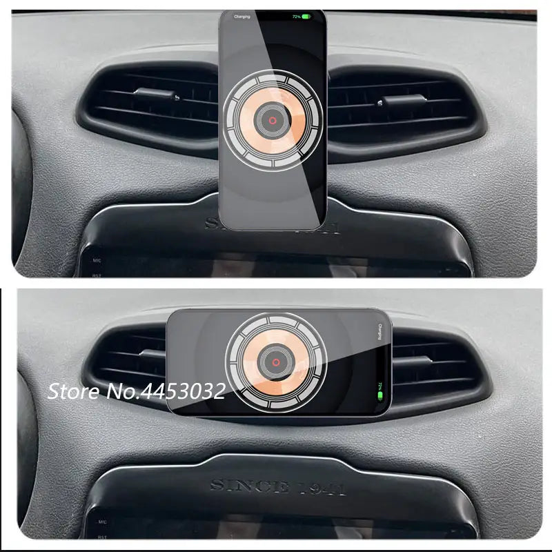 Un teléfono inteligente negro montado en una salida de aire del automóvil con un diseño circular naranja y plateado en la parte posterior, con función de carga inalámbrica compatible con el cargador inalámbrico para Audi A6 C7 A7 4g8.