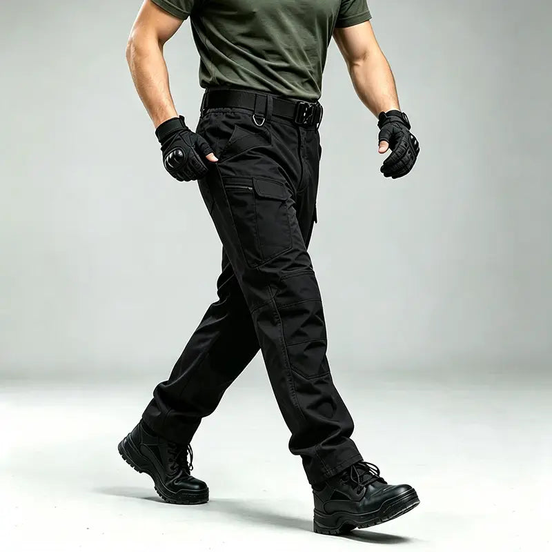 Black men winter tactical cargo pants with multiple cargo pockets and reinforced stitching designed for waterproof hiking trousers.