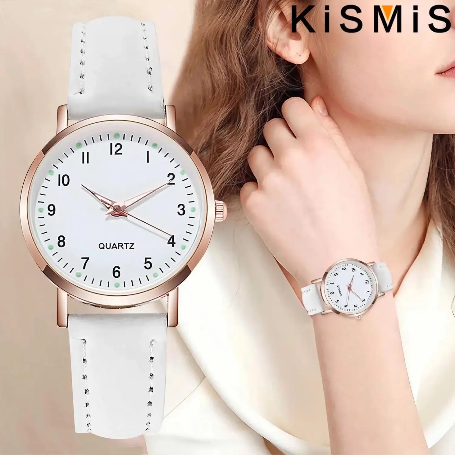 Women quartz watch with white pu leather strap, rose gold-tone case, and minimalist dial.