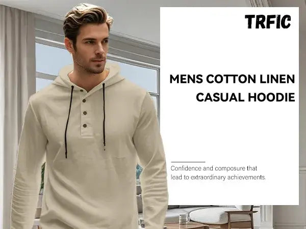 A men cotton linen hooded henley shirt in beige cotton linen fabric featuring black drawstrings and button details for casual wear.