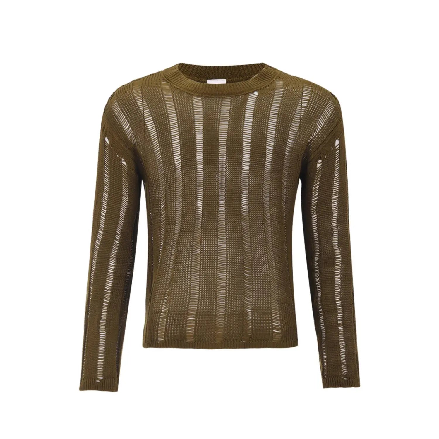 Herren-Braun mit durchscheinendem Strick, Longsleeve-Top, in Olivgrünem Rippstrick mit vertikaler gestreifter Struktur und langen Ärmeln.