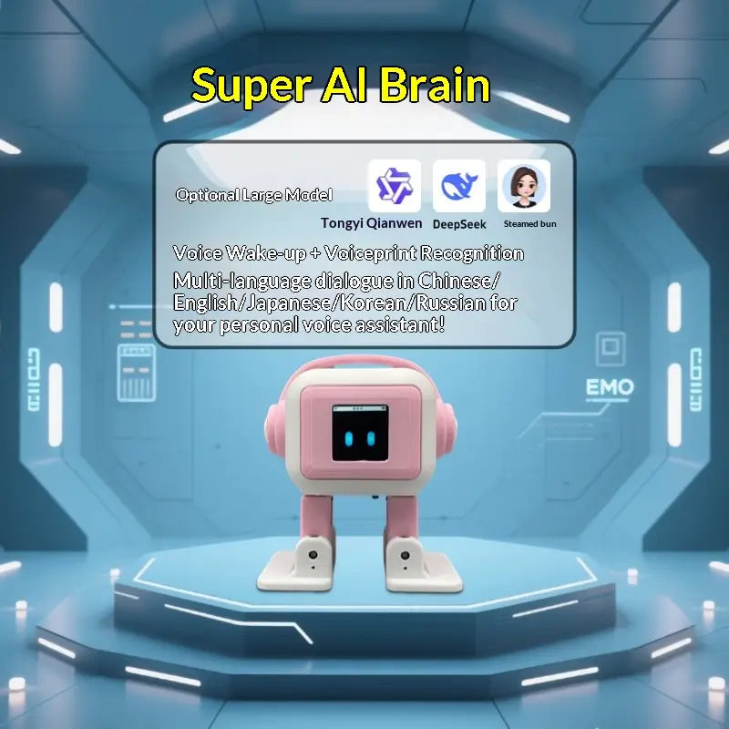 Ai smart companion robot toy featuring a pink and white robotic voice assistant with a square head, glowing blue eyes, and standing legs.