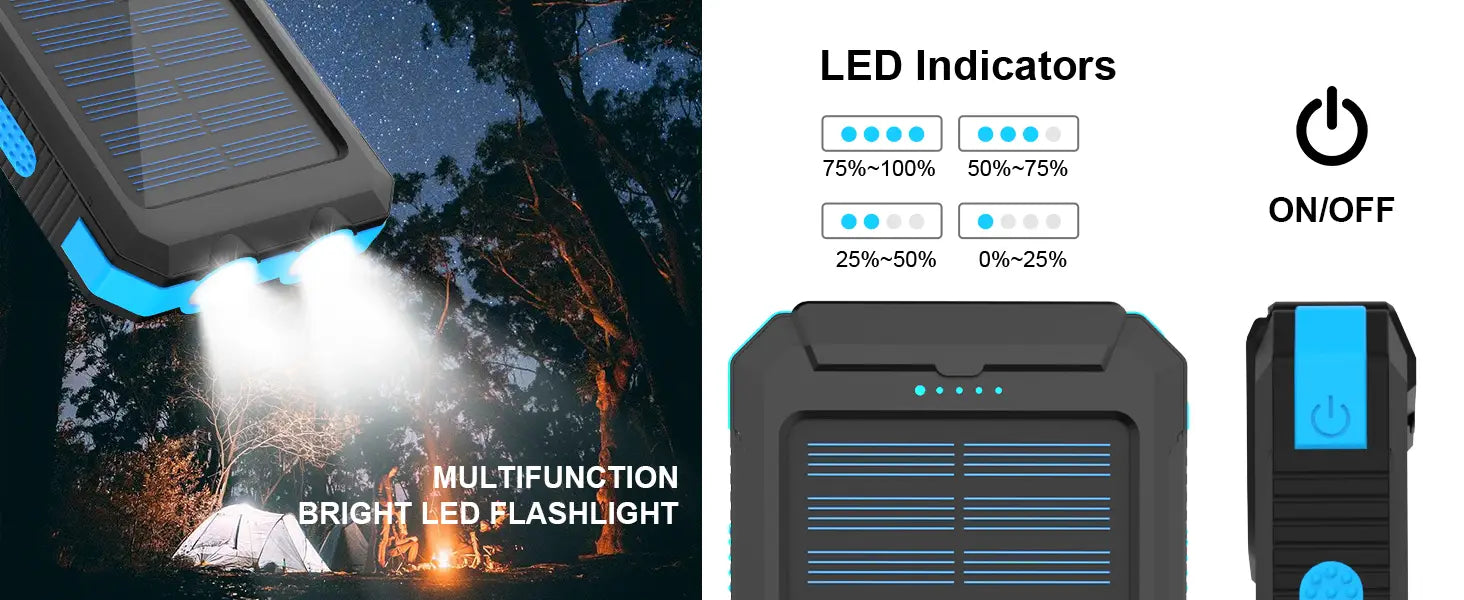 Schwarze Solar-Powerbank 50000 mAh tragbares Ladegerät mit blauen Akzenten und integrierter heller LED-Taschenlampe.