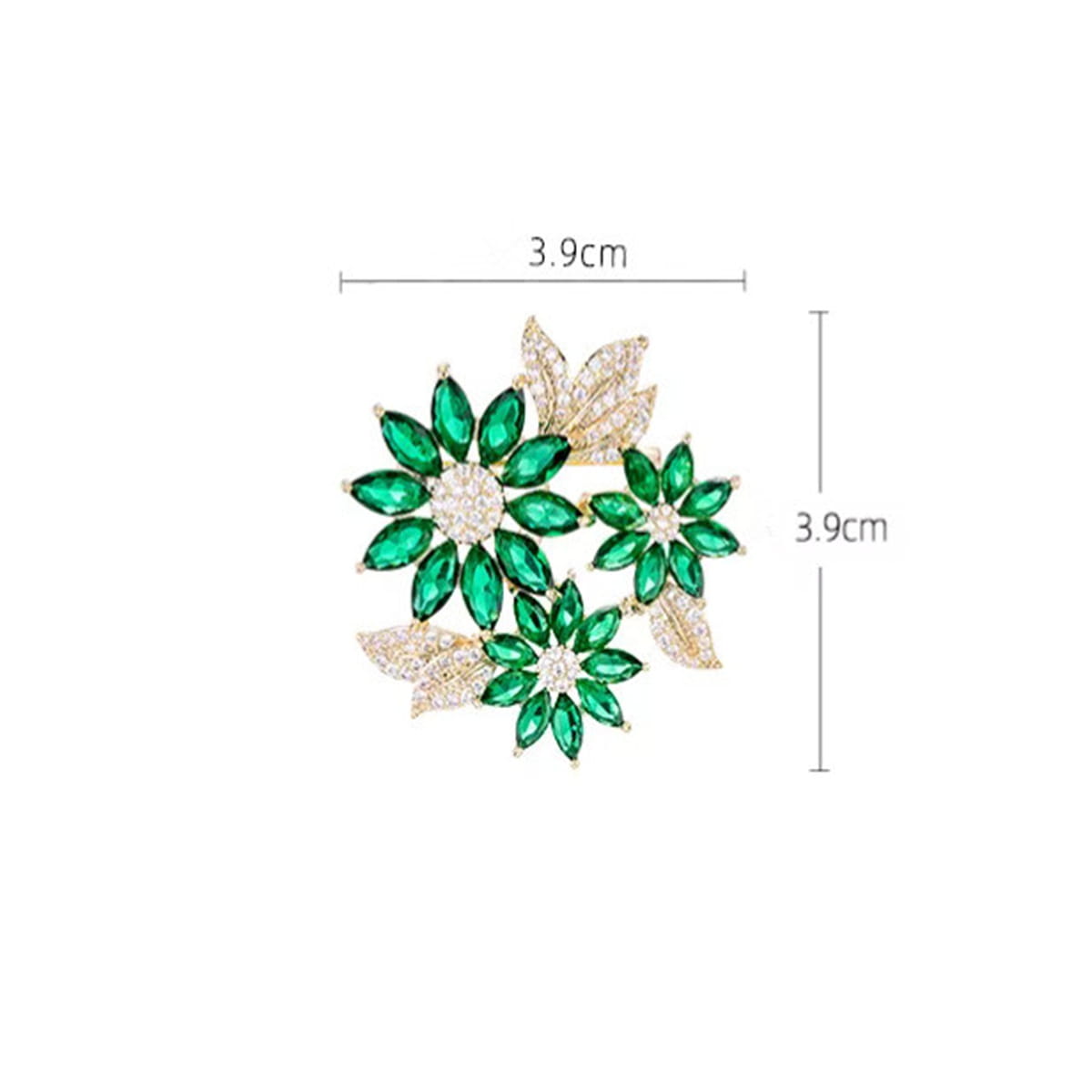 A green floral rhinestone brooch pin featuring three radiant emerald-colored petals with a diamond-studded center and delicate gold leaf accents.
