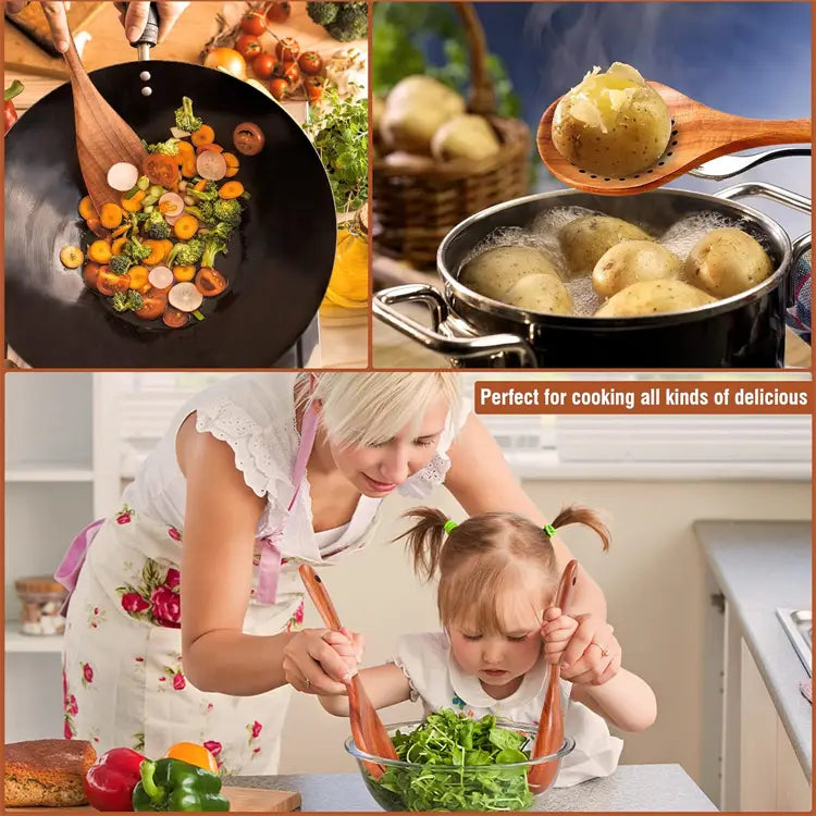 Wooden spoon from a natural wood kitchen utensil set featuring a smooth polished finish and rounded handle for cooking use.