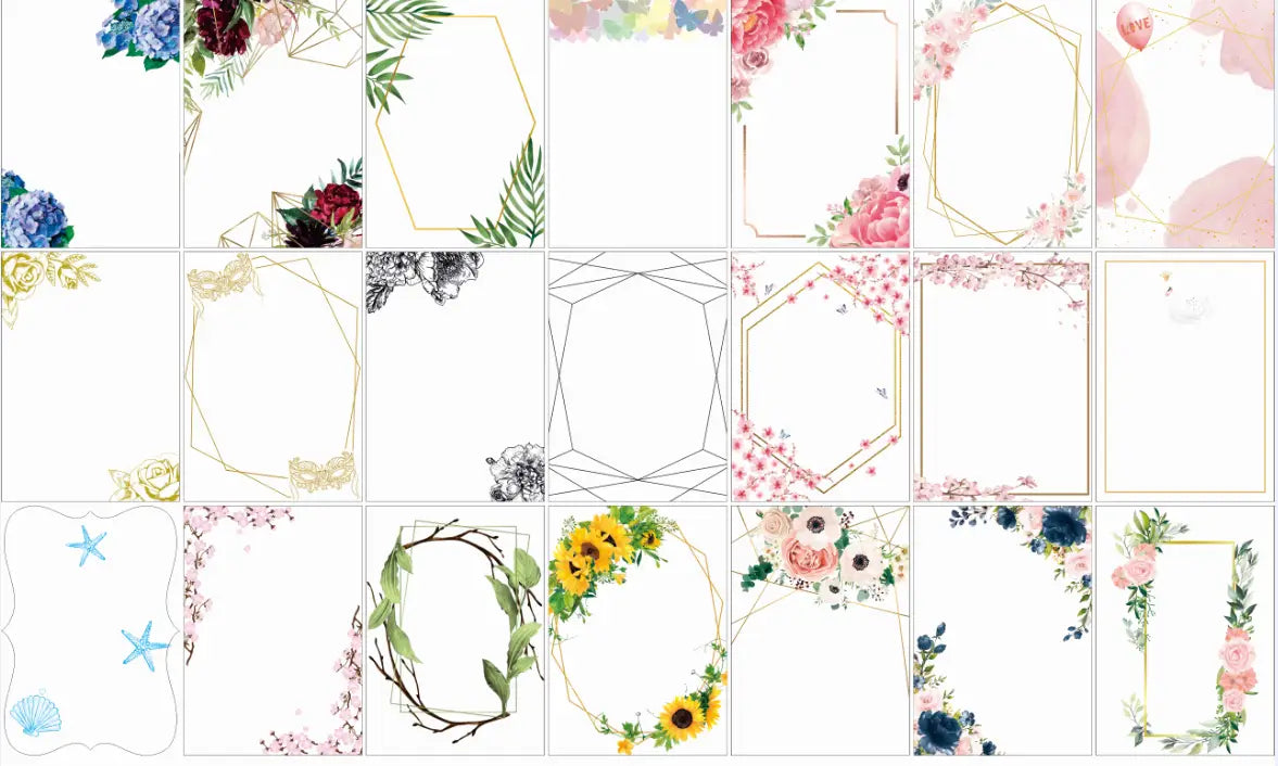 a collection of custom acrylic shabbat candle blessing souvenirs featuring delicate floral and geometric border designs in soft pastel hues with gold outlines and watercolor-style flowers