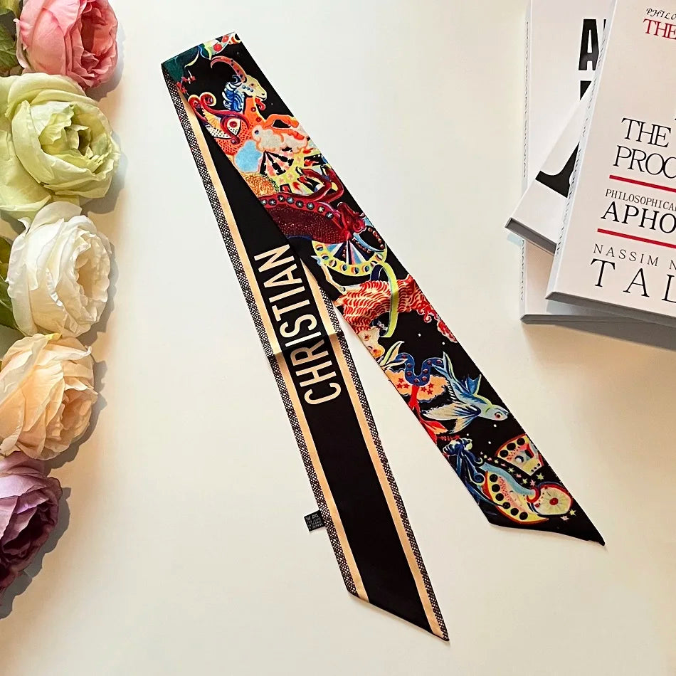 New Fashion Luxry Design Women Silk Ribbon Twill Scarf Hair Bandana Handbag Handle Wrap Bag Handmade Long Neck Wrap for Women