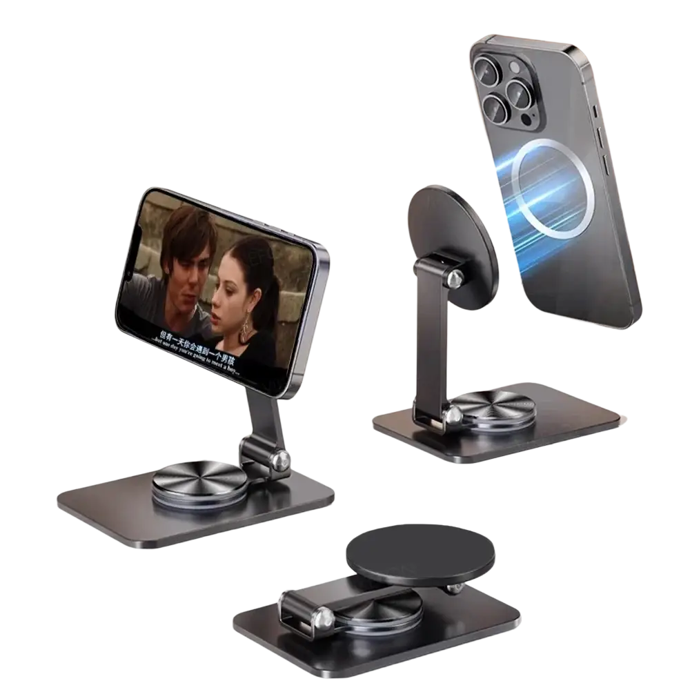 Black phone stand with folding adjustable arm and circular base for pro max desktop phone holder with 360 rotation