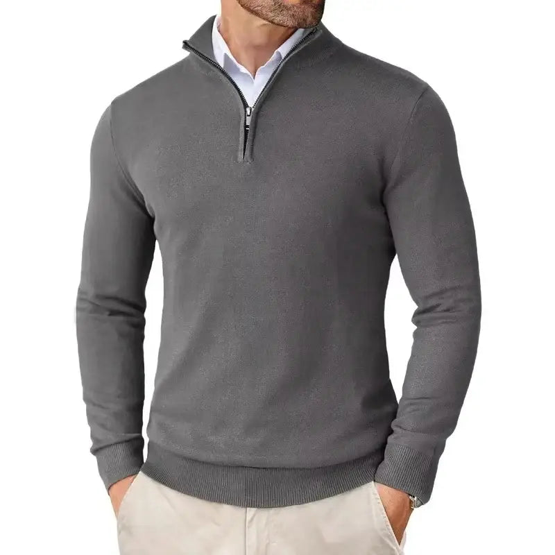 Pull-over homme à col zippé au quart, coupe slim, gris anthracite, avec poignets et bas côtelés.