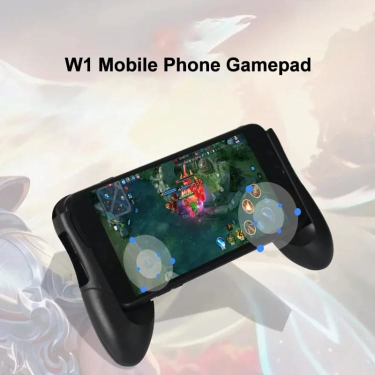 Joysticks de gamepad de teléfono móvil negro con agarres ergonómicos y botones circulares sensibles al tacto, diseñados para un control de juego mejorado en dispositivos iOS y Android.