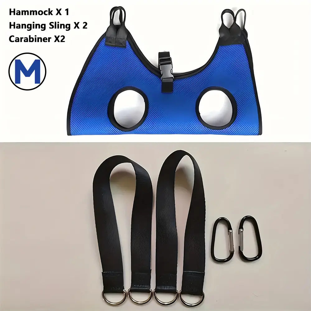 Hamaca de aseo para mascotas de malla azul con ribete negro y correas ajustables para los hombros, para ayudar en el recorte de uñas.