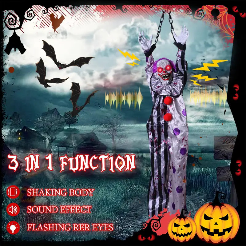 ein unheimlicher 3-in-1-Hängegeist mit Sprachsteuerung, animierter Clown für Halloween, eine große silberfarbene und violette Clownfigur mit roten leuchtenden Augen, die an Ketten von der Decke hängt