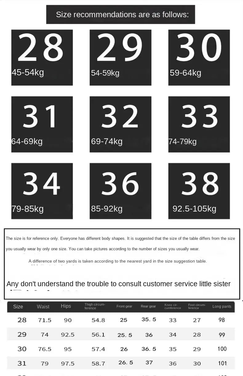 Size chart for mens slim fit printed black denim jeans displaying measurements in inches and kilograms.