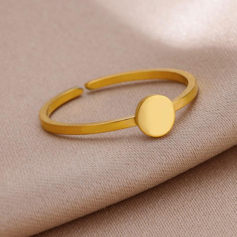 Gold color stainless steel adjustable ring for women featuring a smooth round disc accent, ideal for vintage wedding jewelry.