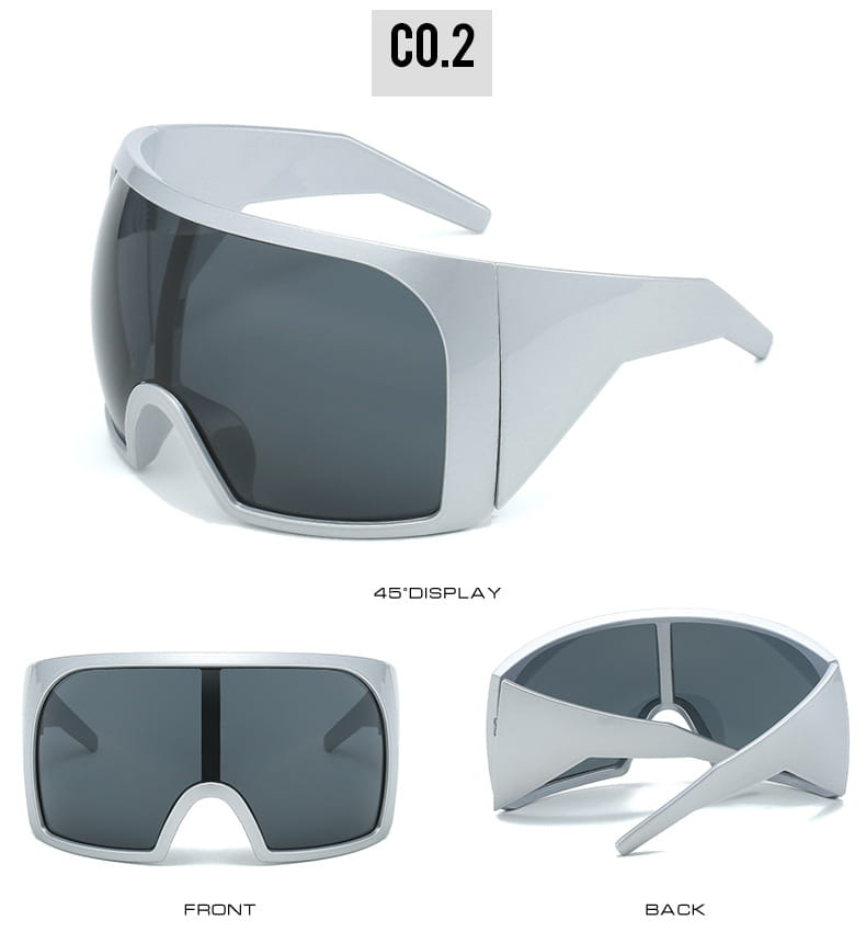 Silber gerahmte futuristische Schild-Sonnenbrille für Herren mit dunkelgrauen UV400-Gläsern und einem schlanken kantigen Design.