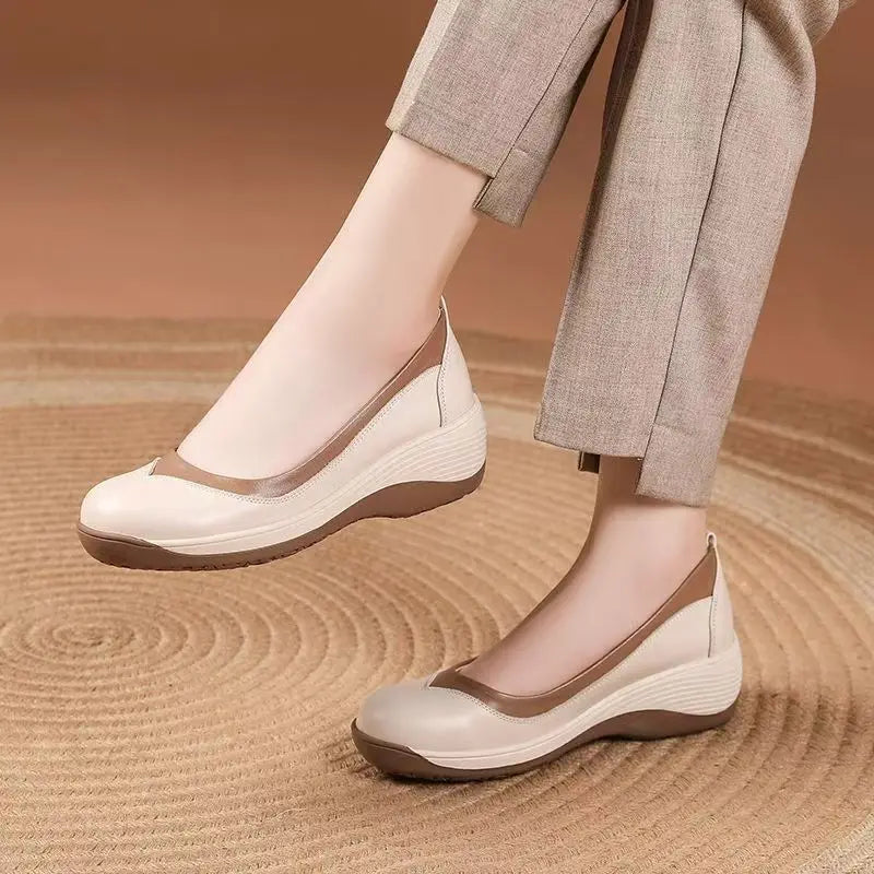Women's Leather Wedges Casual Shoes Spring Autumn New Thick Sole Non Slip Shallow Slip On Round Toe Lightweight Work Shoes