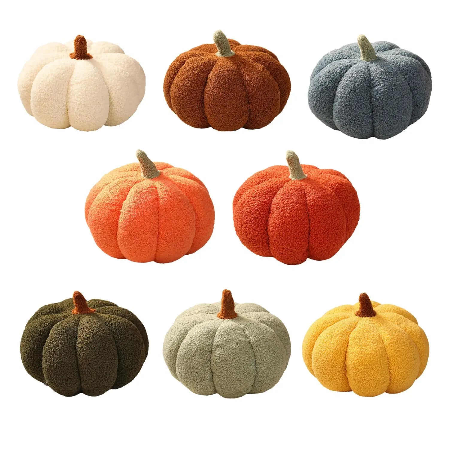 Coussin décoratif en peluche en forme de citrouille doux, en couleurs automnales assorties, notamment crème, orange, bleu, vert et jaune, pour la décoration de citrouille d’Halloween.