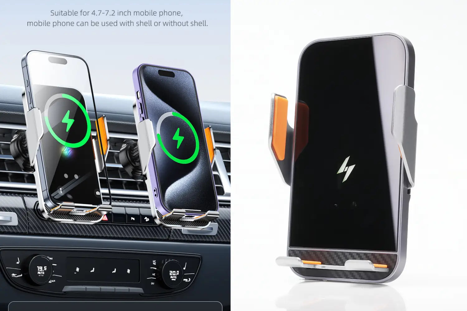Wireless charging phone holder with auto clamping features a sleek silver and black wireless charger design with orange accent clips for secure grip.