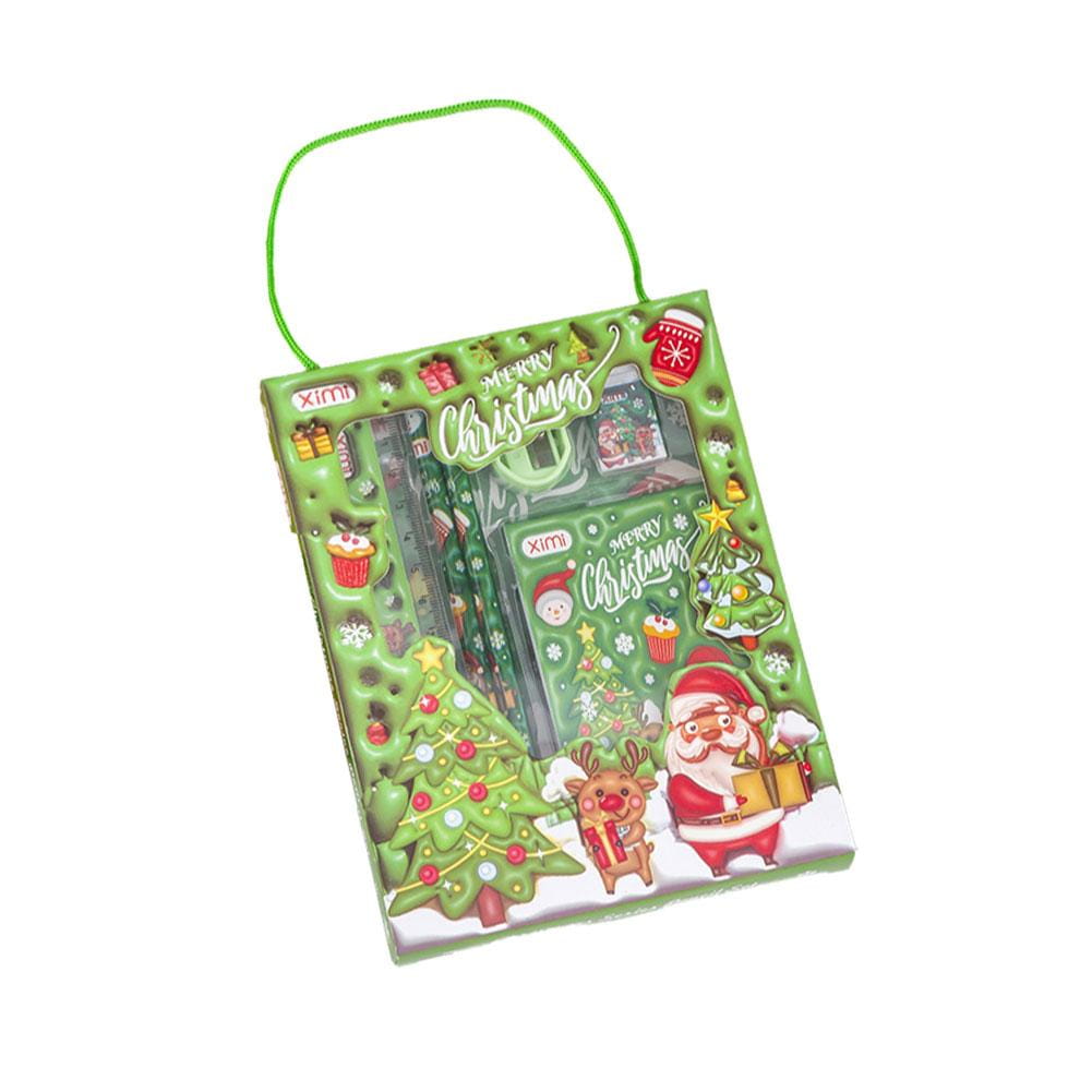 green christmas-themed kids stationery set in a festive decorated box featuring santa and reindeer illustrations for holiday use