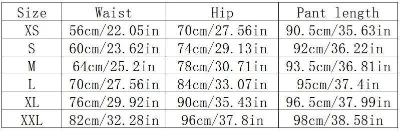 Le tableau présente les mesures de taille, de hanches et de longueur du pantalon en centimètres et en pouces pour des leggings de sport pour femmes à haute élasticité, de la taille XS à XXL.
