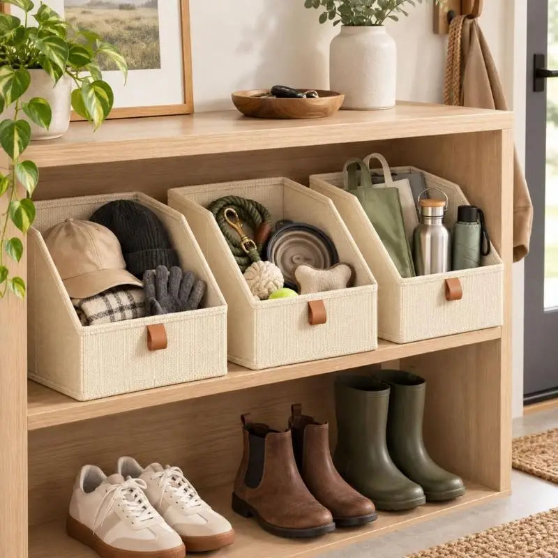 Beige woven fabric storage baskets with brown leather handles for closet shelves package includes six fabric closet bins.
