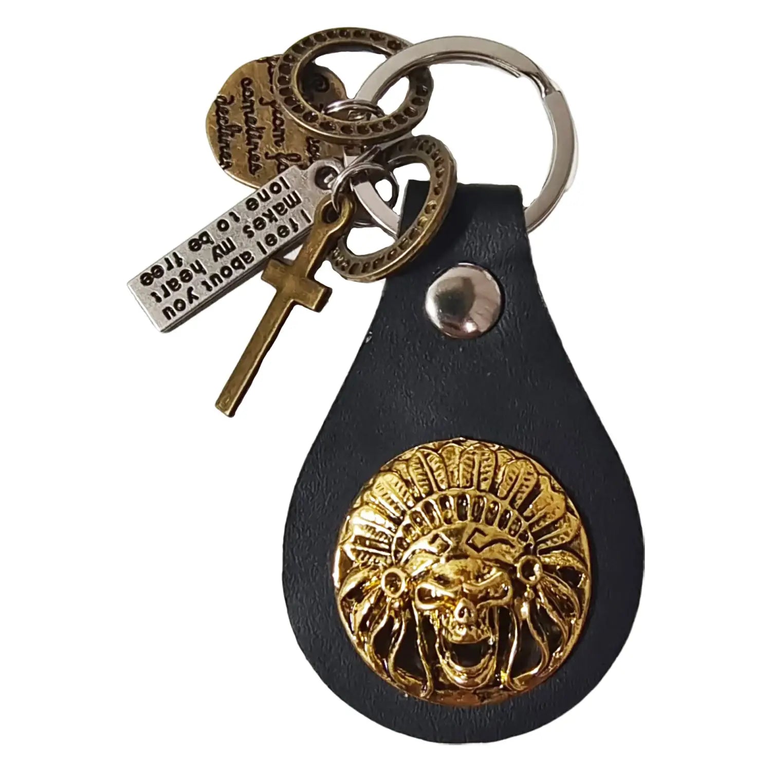 Black leather keychain featuring a gold-plated skull with an Indian headdress and attached metal charms including a cross, engraved tag, and circular medallion, ideal as a leather turquoise star keychain charm gift.