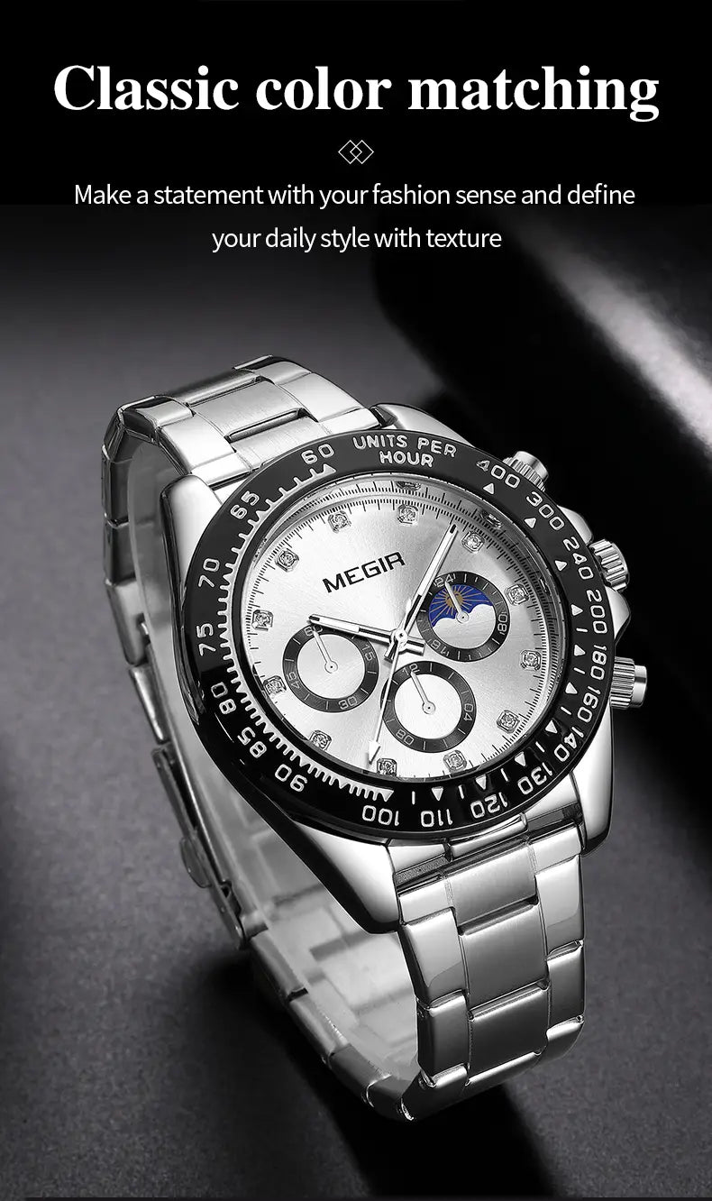 Megir men luxury sports quartz watch featuring a silver stainless steel case, white dial, black bezel marked in units per hour, and diamond accents on the hands.