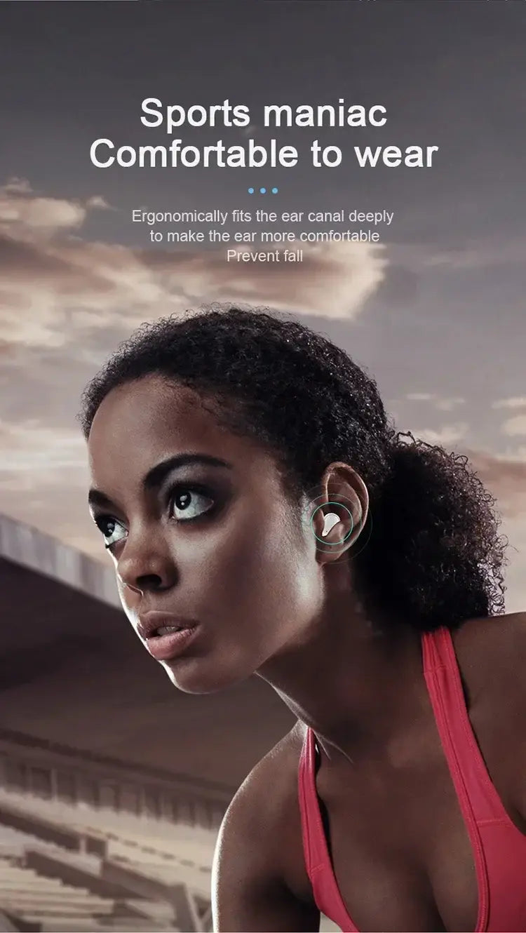 Ein kabelloser Bluetooth-Ohrhörer mit Touch-Steuerung, mit einem eleganten minimalistischen Design in Weiß- und Silberausführung zur Verwendung im Sport.