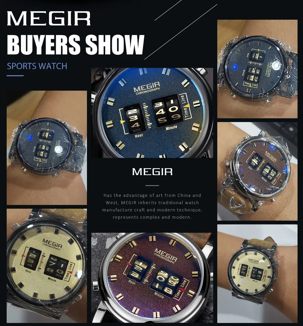 Megir military quartz watch with a blue dial digital chronograph, gold-tone markers, black bezel, and brown leather strap.