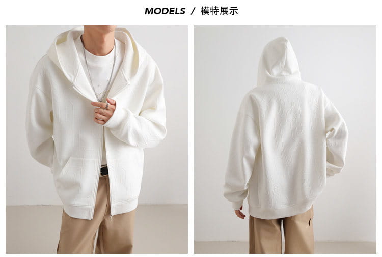 Mens black zip up hooded jacket with a white hooded zip-up sweatshirt featuring textured fabric and front pockets for casual urban outerwear.