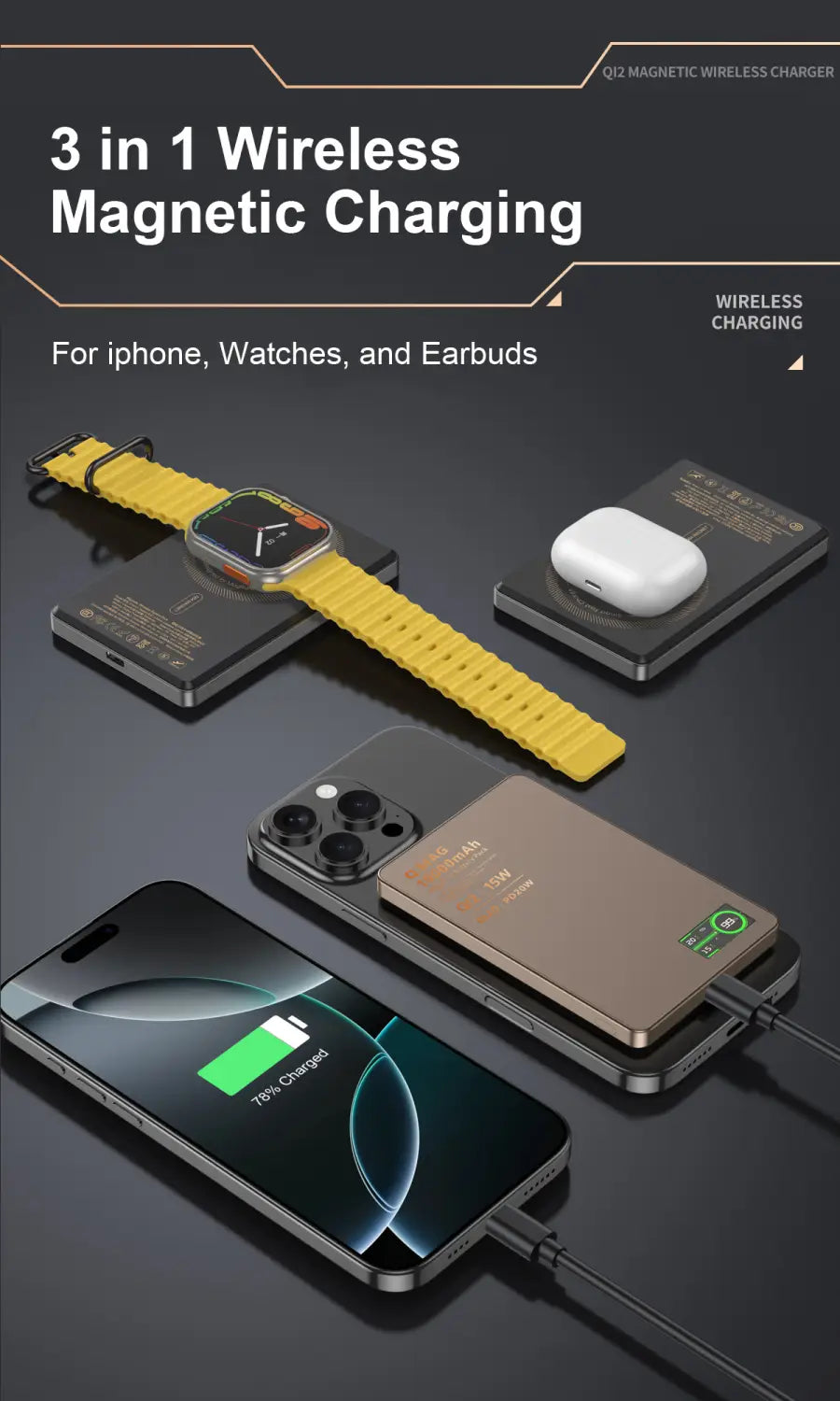 Schwarze Qi2-Magnet-Wireless-Powerbank 10000mAh mit einem 3-in-1 Wireless-Magnet-Ladepad für iPhone, Uhren und Earbuds.