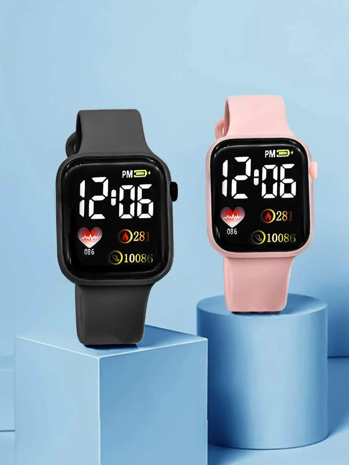 Digital watch set women silicone fashion gift featuring black and pink fitness watches with square faces and health tracking displays.