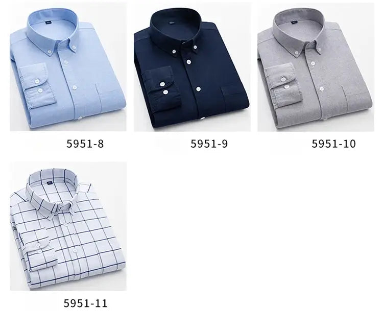 Men’s cotton oxford slim fit plaid shirt neatly folded in light blue navy gray and white with a black grid pattern.